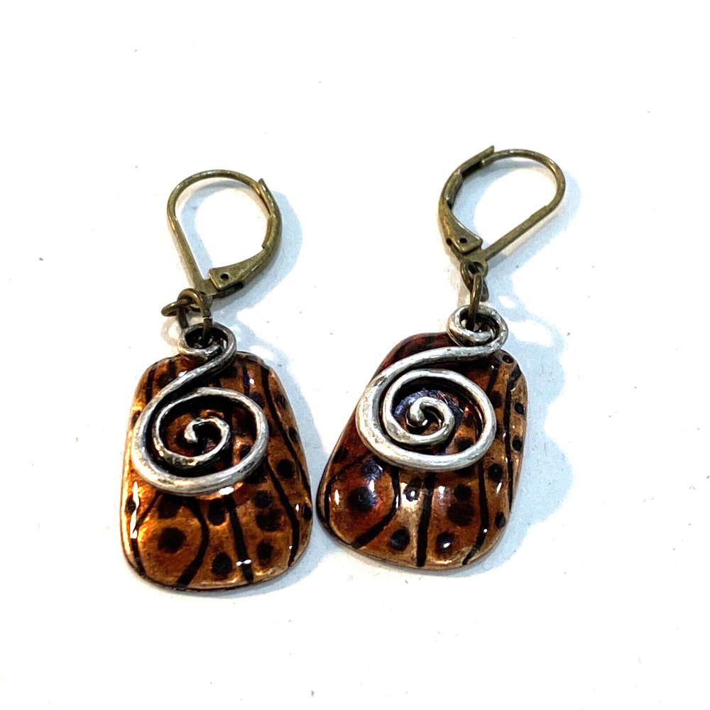Mod pierced earrings drop & dangle style coppery enamel & silver tone art swirl